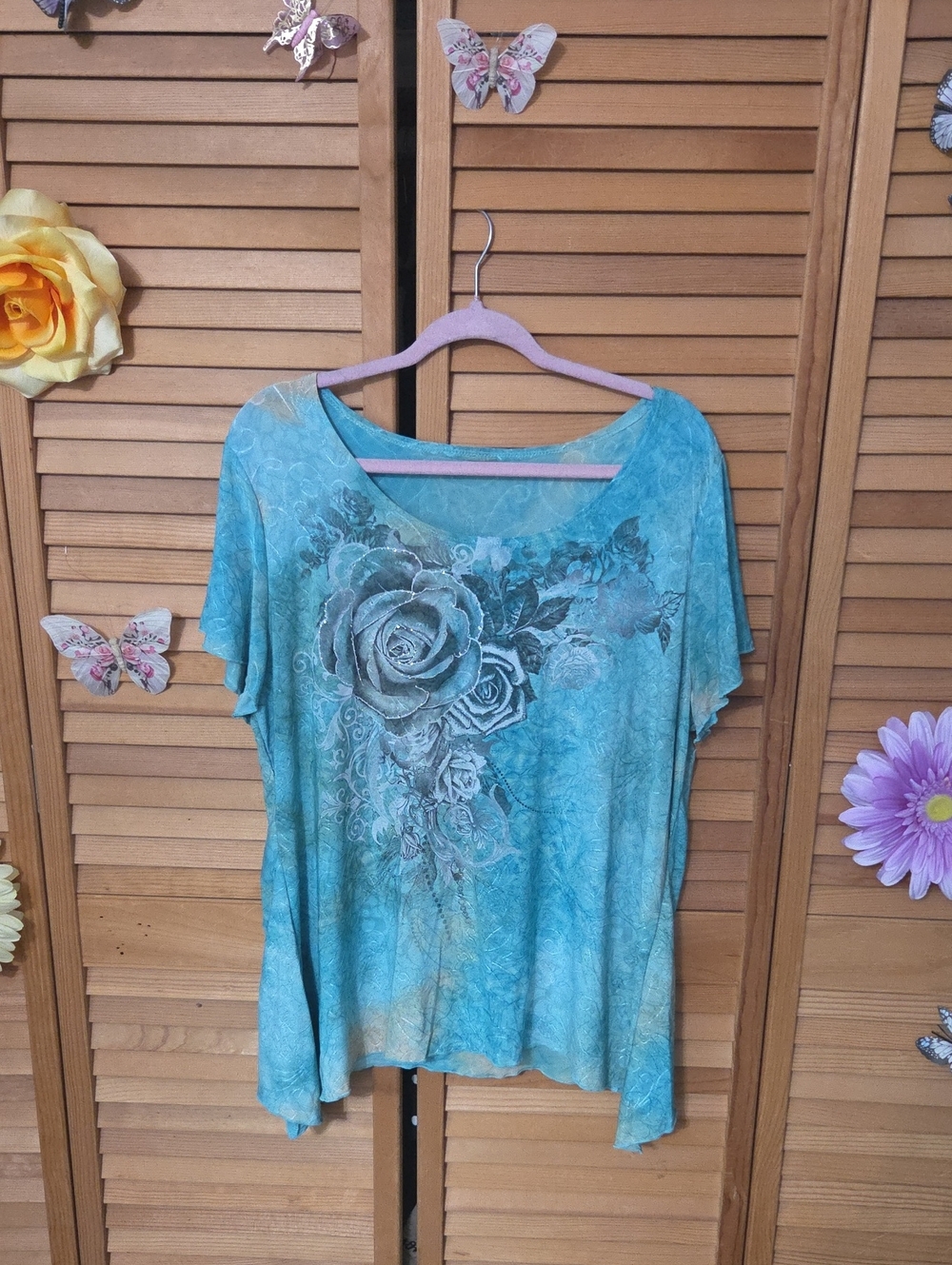 Women's Teal Floral Scoop Neck Top